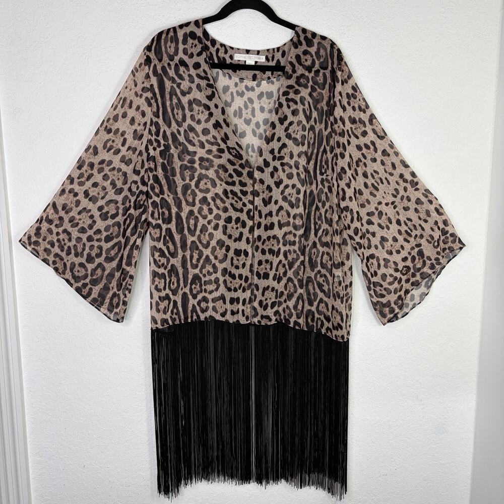 Boston Proper Kimono Animal Print With Black Long Fringes on Hem Size L, fashion